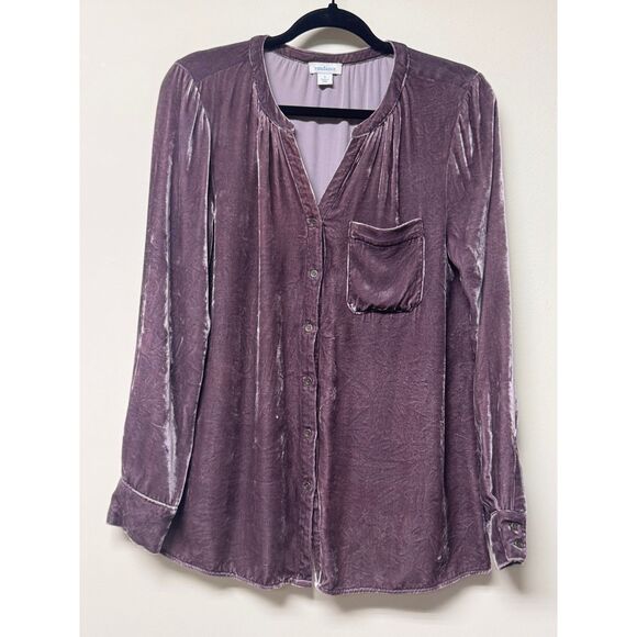 SUNDANCE Velvet Silk Blend V-Neck Button Up Blouse, Purple, Sz S - Picture 2 of 8